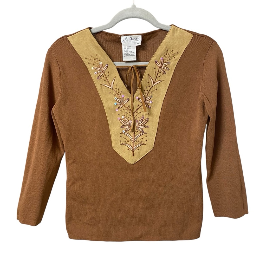 Vintage 2 tone brown faux suede embroidered collar boho peasant western top M